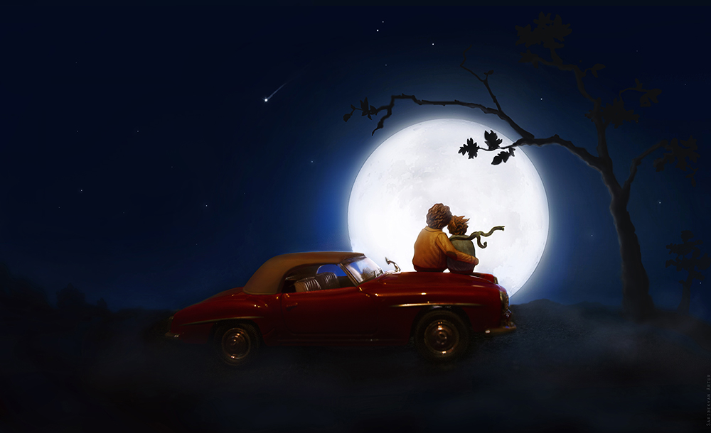 Фото Парень и девушка, сидящие на капоте ярко-коричневого легкового автомобиля, обнявшись мечтательно смотрят на ночное звездное небо с яркой луной, фотография Артура Сарибекяна