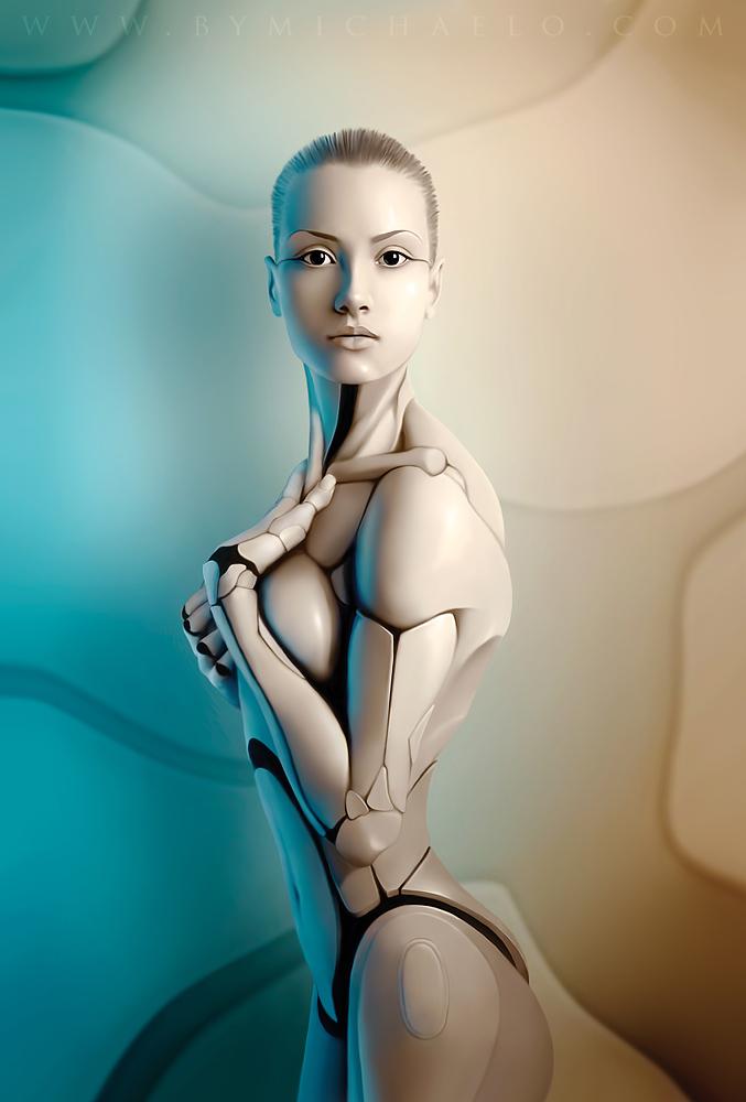 Фото Девушка - робот стоит прижав руку к груди, художник Michaelo