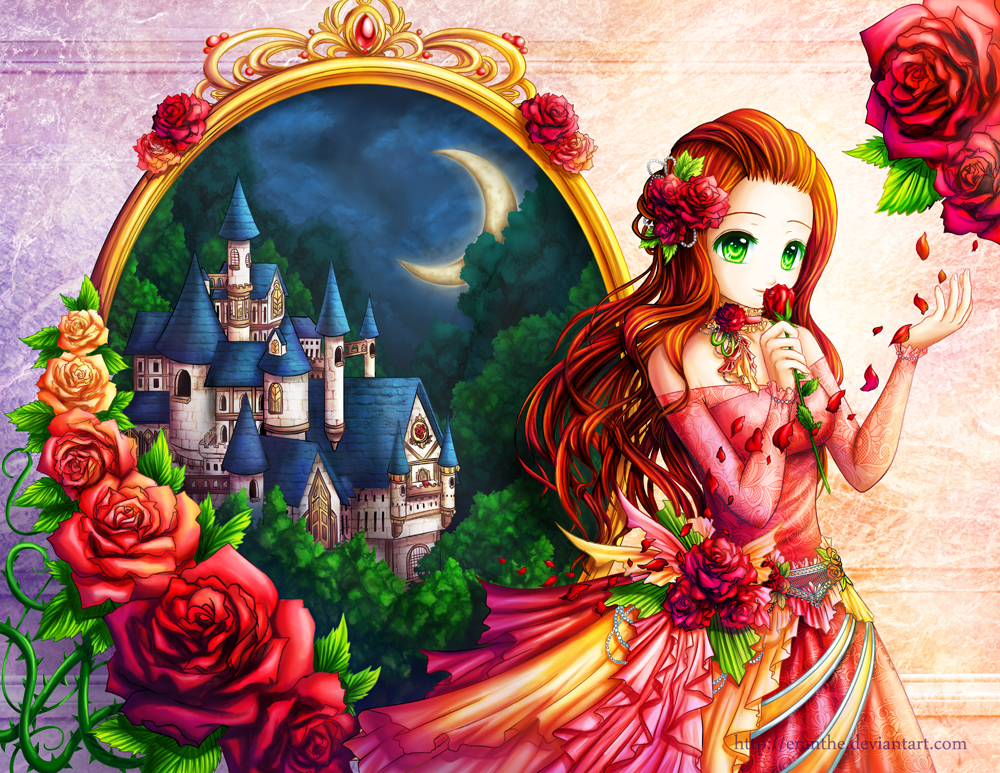 Фото Belle / Бэль из сказки Красавица и Чудовище в стиле аниме, позади нее стоит зеркало в котором отображается замок, художница Eranthe