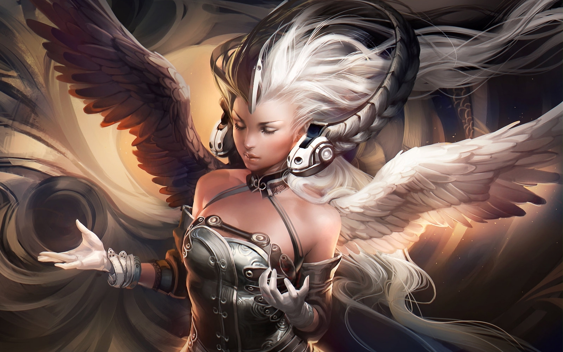 Фото Красивая девушка-ангел в необычных наушниках, с правой стороны у нее  крыло и волосы черные, а с левой белые