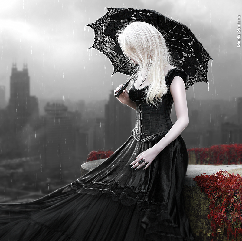 Фото Блондинка в черном платье с зонтиком, смотрит на дождливый город, арт MirellaSantana
