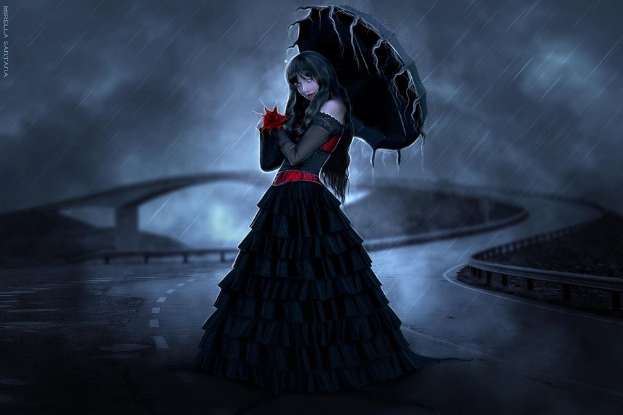 Фото Готесса с черным зонтом стоит на дороге в дождь, арт MirellaSantana