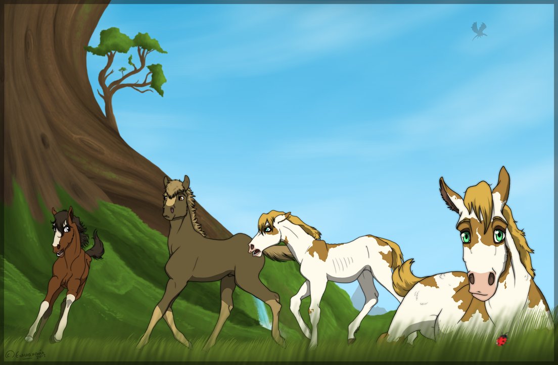 Фото Три лошади резвятся в поле, еще одна прилегла отдохнуть на траве, в небе пролетает дракон