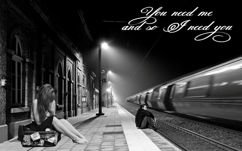 Фото Грустная девушка сидит на чемодане на ночном вокзале, мимо едет поезд (Yiu need me and I need you / Ты нужен мне, а я нужна тебе)