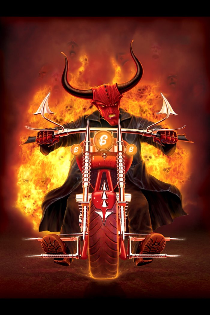 Фото Дьявол, со зверским выражением лица, едет на мотоцикле, сзади горит огонь