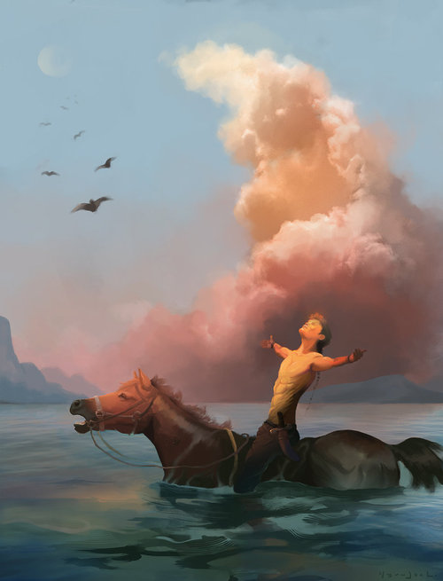 Фото Мужчина, сидя на лошади у берега моря, раскинул руки в стороны, на фоне неба, облаков и улетающих птиц, художник WaitingForEmma