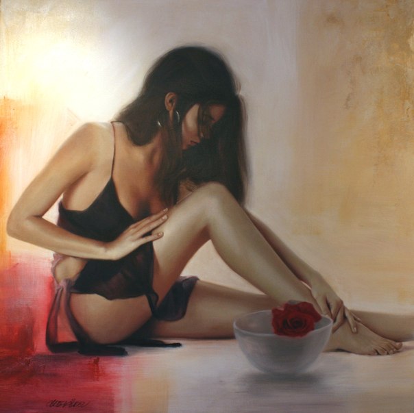 Фото Девушка в черном нижнем белье гладит ноги, художник Talantbek Chekirov / Талантбек Чекиров