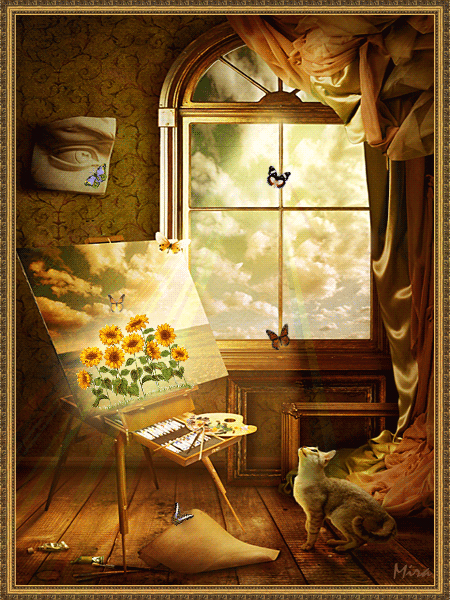 Фото Солнечная комната с мольбертом, кошкой и бабочками, автор Mira / мира