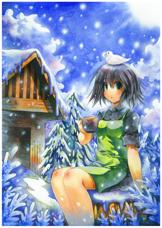 Фото Девушка с птицей на голове и с кружкой в руке, art by emperpep