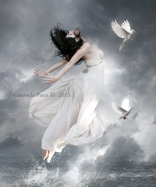 Фото Девушка в белом платье взлетела в небо над морем, рядом с ней два голубя, фотоарт Aeternum-Art