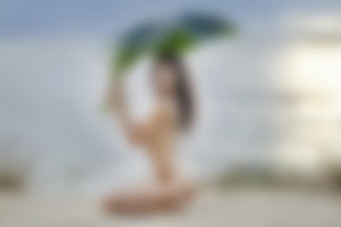 Фото Обнаженная девушка сидит на берегу моря, прикрывая голову большим листом