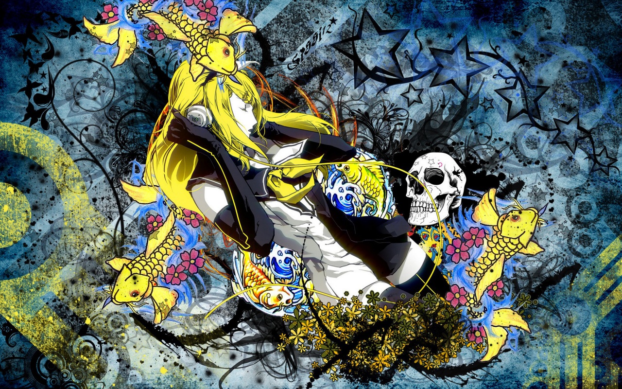 Фото Vocaloid Lily / Вокалоид Лили слушает музыку в наушниках, на фоне абстракции граффити с цветами, карпами кои, звездами и черепом