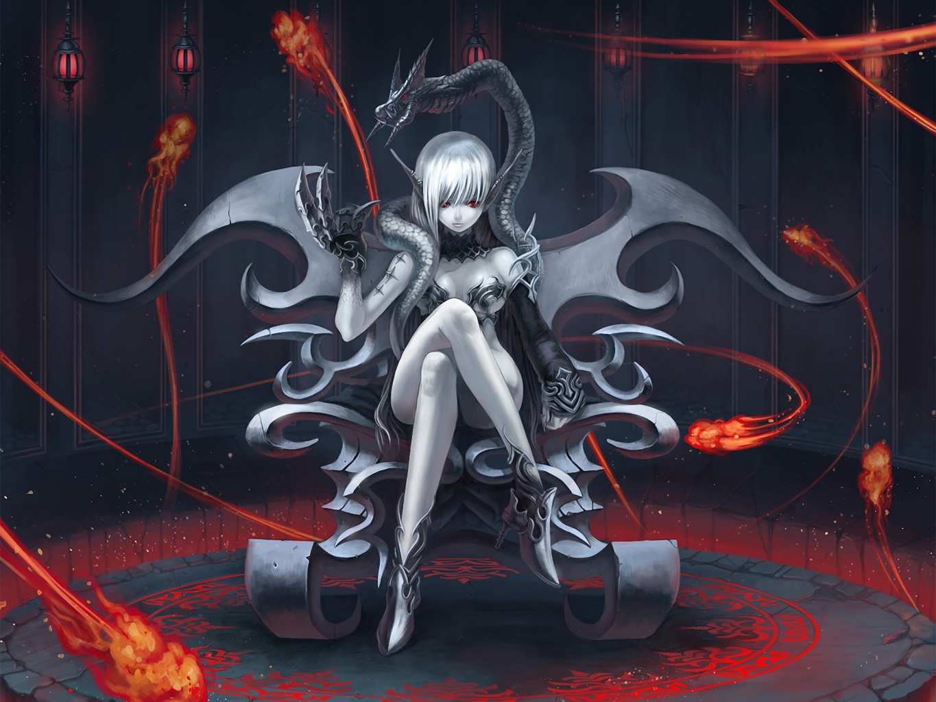 Фото Девушка-демон с серебристыми волосами сидит на большом сером троне,  обвитая змеей