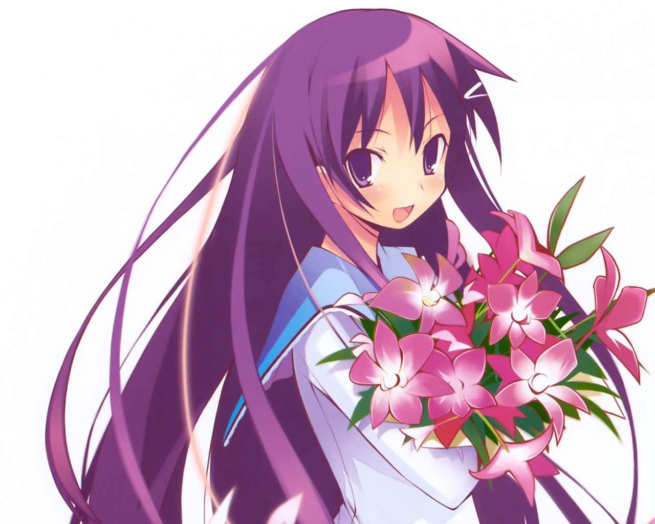 Фото Девушка с фиолетовыми волосами держит в руках цветы