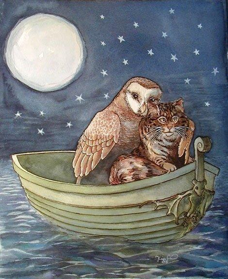 Фото Сова и рыжий кот плывут в лодке на фоне полной луны и звездного неба