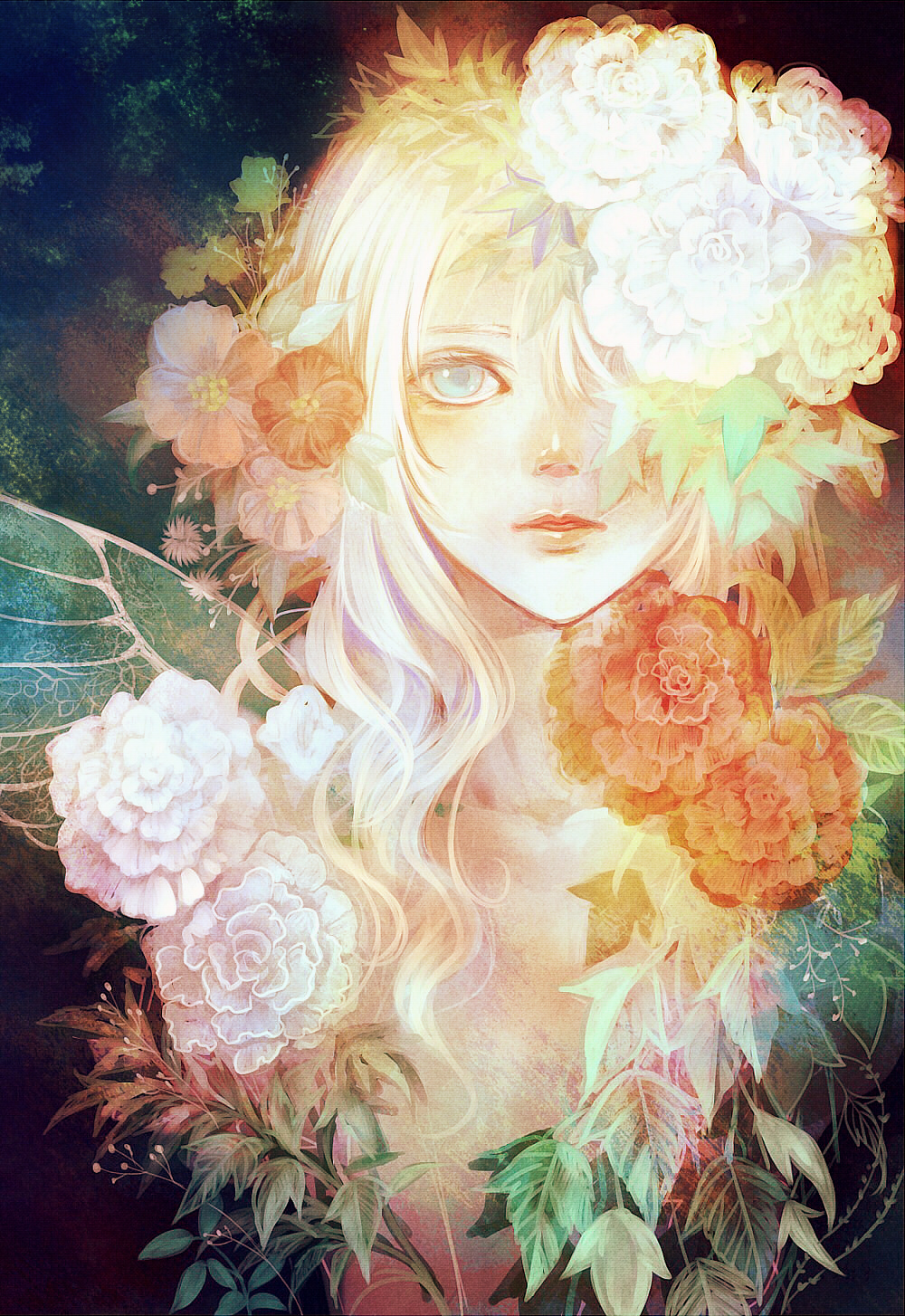 Фото Светловолосая девушка - фея и множество цветов
