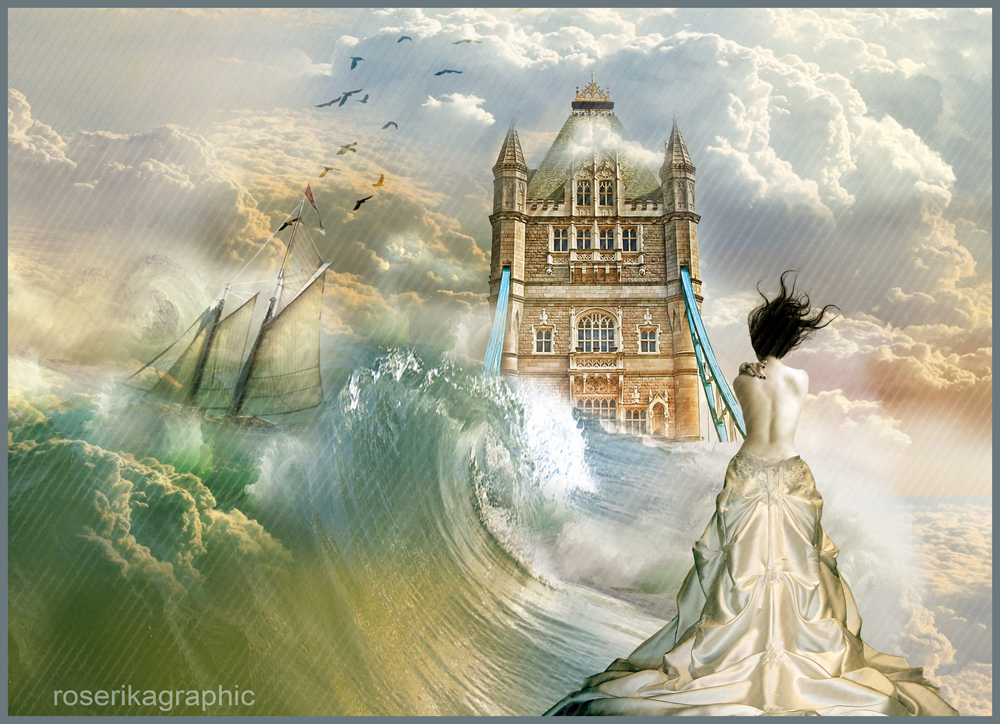 Фото Девушка с развивающимися на ветру волосами, обхватив себя рукой за плечо, стоит перед замком в воде, в которой образуется волна, по которой плывет корабль, на фоне неба, в котором летают чайки, иллюстратор Roserikagraphic
