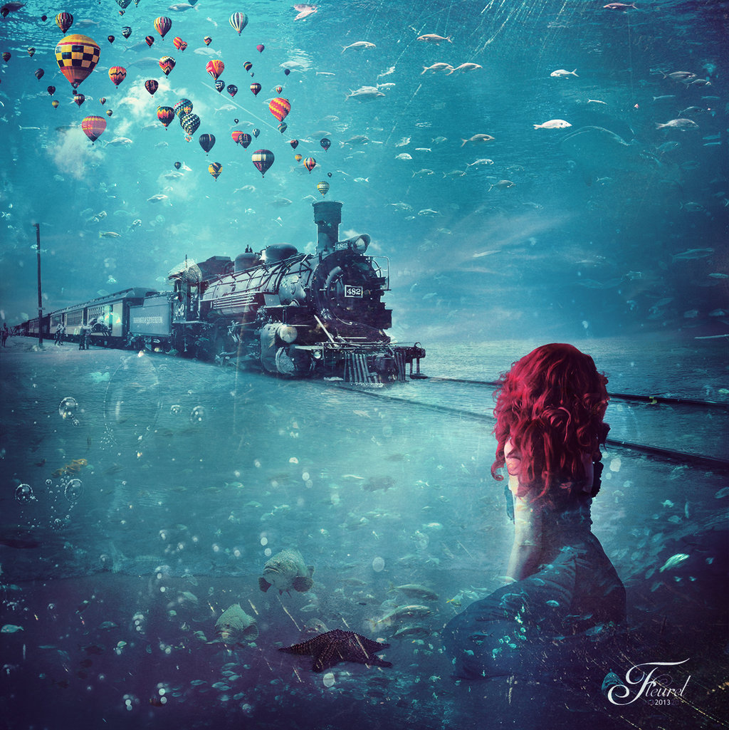 Фото Девушка смотрит на подводный экспресс, в который садятся люди, вокруг плавают рыбы, летают воздушные шары, работа Atlantis Express от fleursama