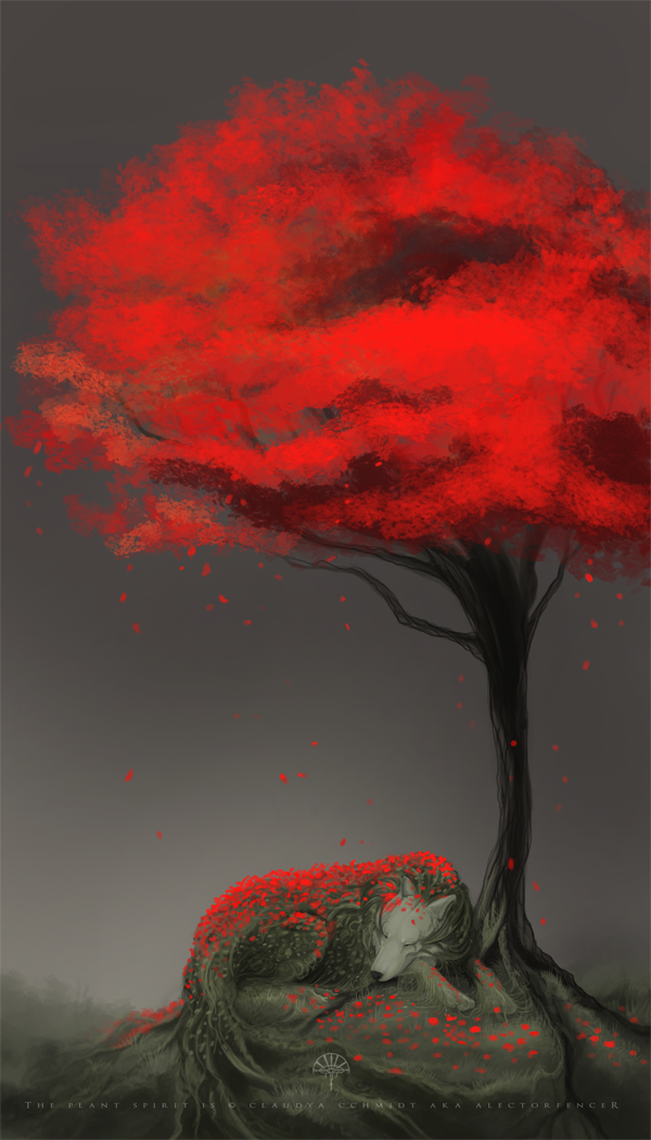 Фото Волк прирос хвостом к корням красного дерева и усыпан его листьями, иллюстратор Alectorfencer