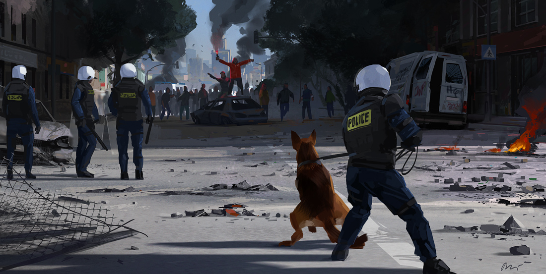 Фото Полицейские с немецкой овчаркой, пытаются сдержать бунтующих людей в городе, иллюстратор Michal Lisowski