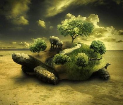 Фото На черепахе растут деревья, ходят слоны, течет ручей, работа World on my Shoulders / мир на моих плечах от flina