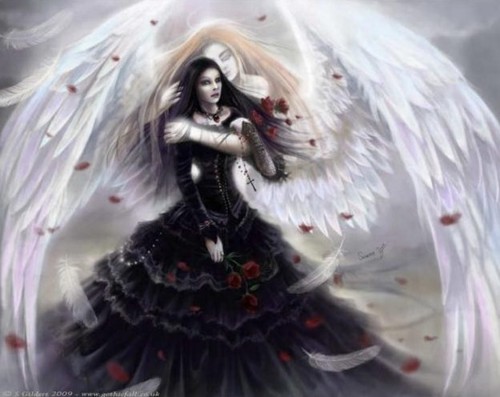 Фото Девушку в черном платье обнимает ангел, вокруг летают лепестки роз