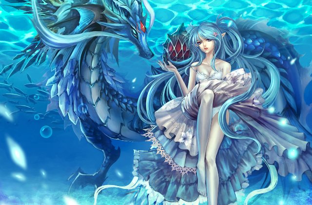 Фото Голубоволосая девушка с драконом под водой в красивом платье с морской звездой на волосах