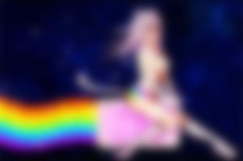 Фото Девушка Нян Кэт / Nyan Cat с обнаженной грудью летит по радуге