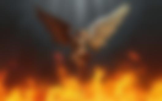 Фото Девушка - ангел обнимается с мужчиной - демоном в полете, под ними пылает огонь