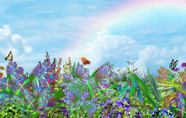 Фото Бабочки летающие над полевыми цветами на фоне радуги
