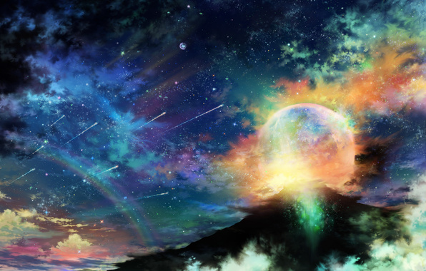 Фото На ночном небе разноцветные облака, падают звезды, виднеются планеты и радуга