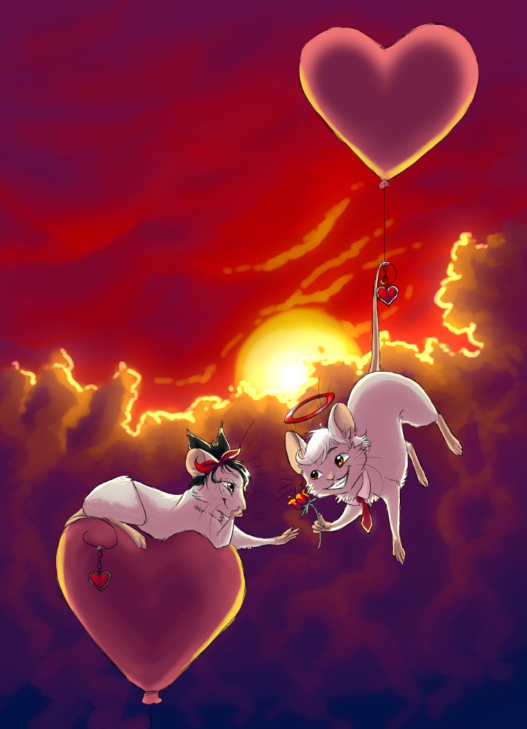 Фото Мышь подлетает на воздушном шаре в форме сердца к мышке, лежащей на воздушном шаре в форме сердца на фоне заходящего солнца, художник Llassie