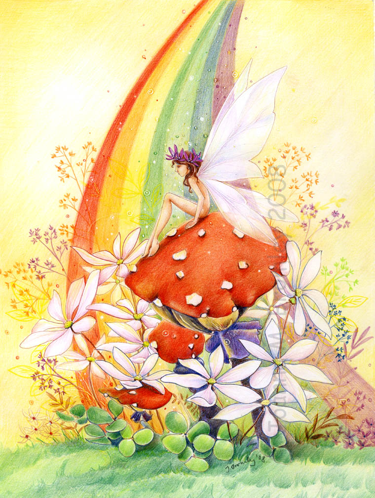 Фото Фея сидит на мухоморе, окруженном цветами, под радугой