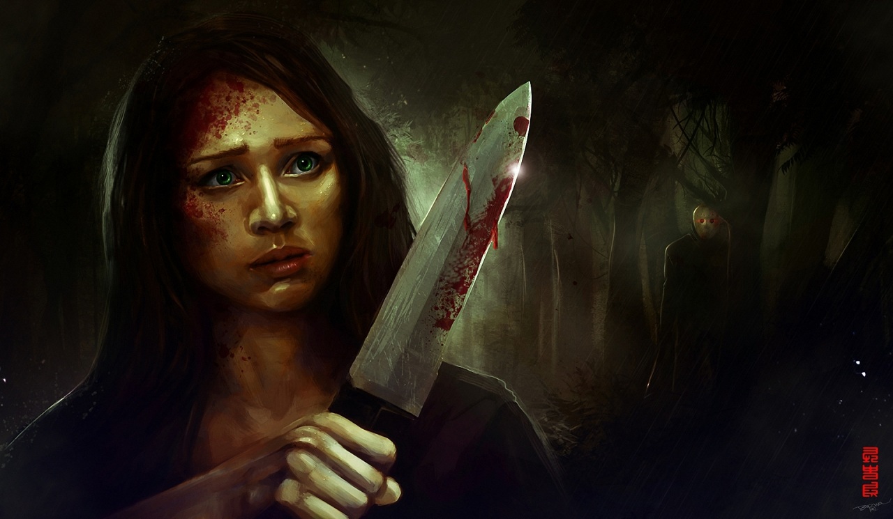 Фото Безумный взгляд девушки с ножом в крови, сзади стоит человек в маске