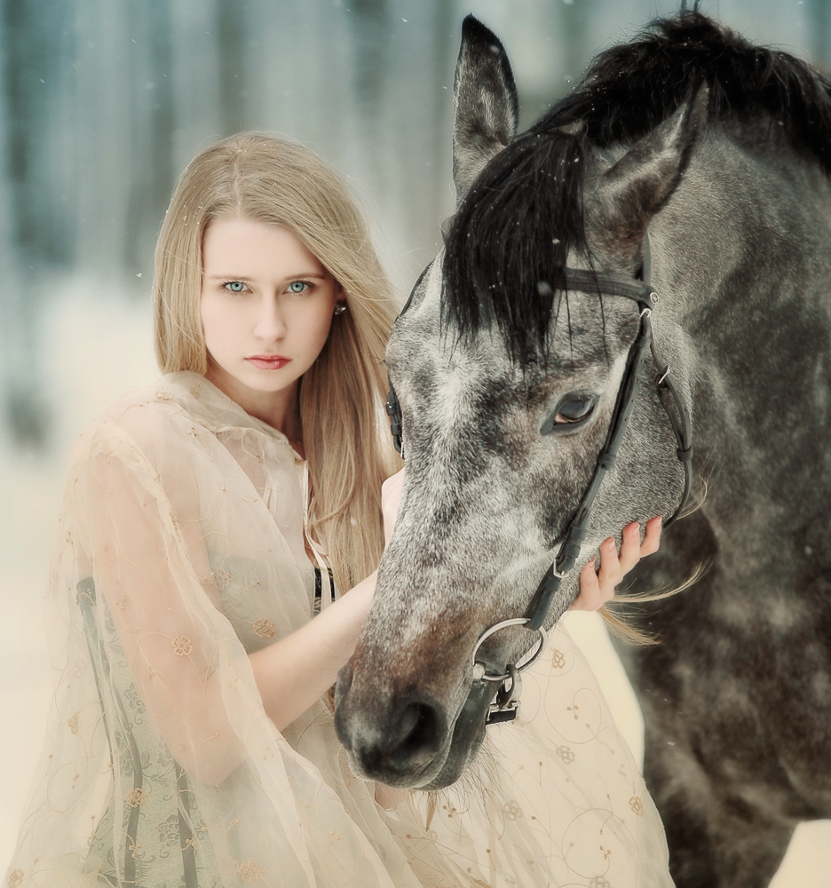 Фото Девушка и серая лошадь под снегопадом