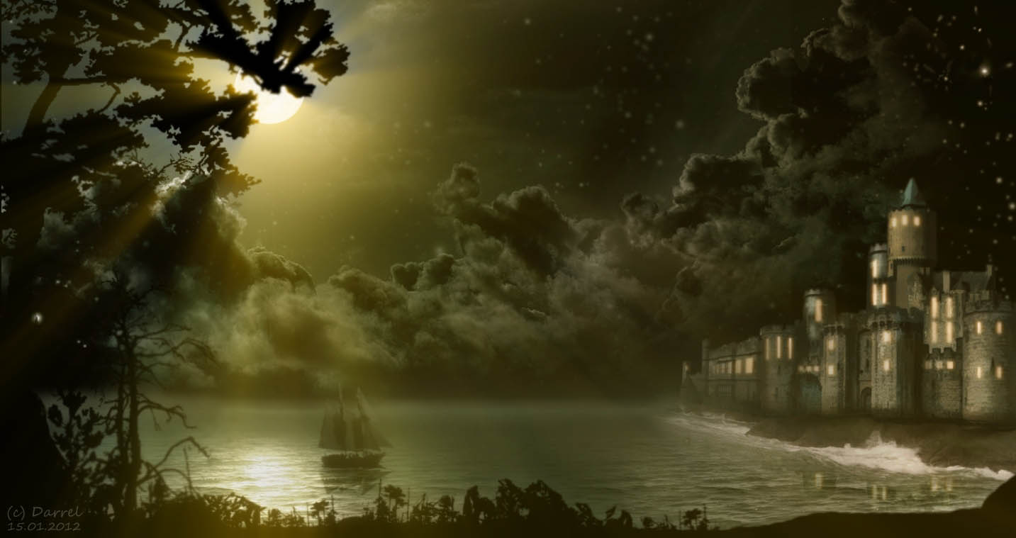 Фото Корабль, плывущий в ночи к замку