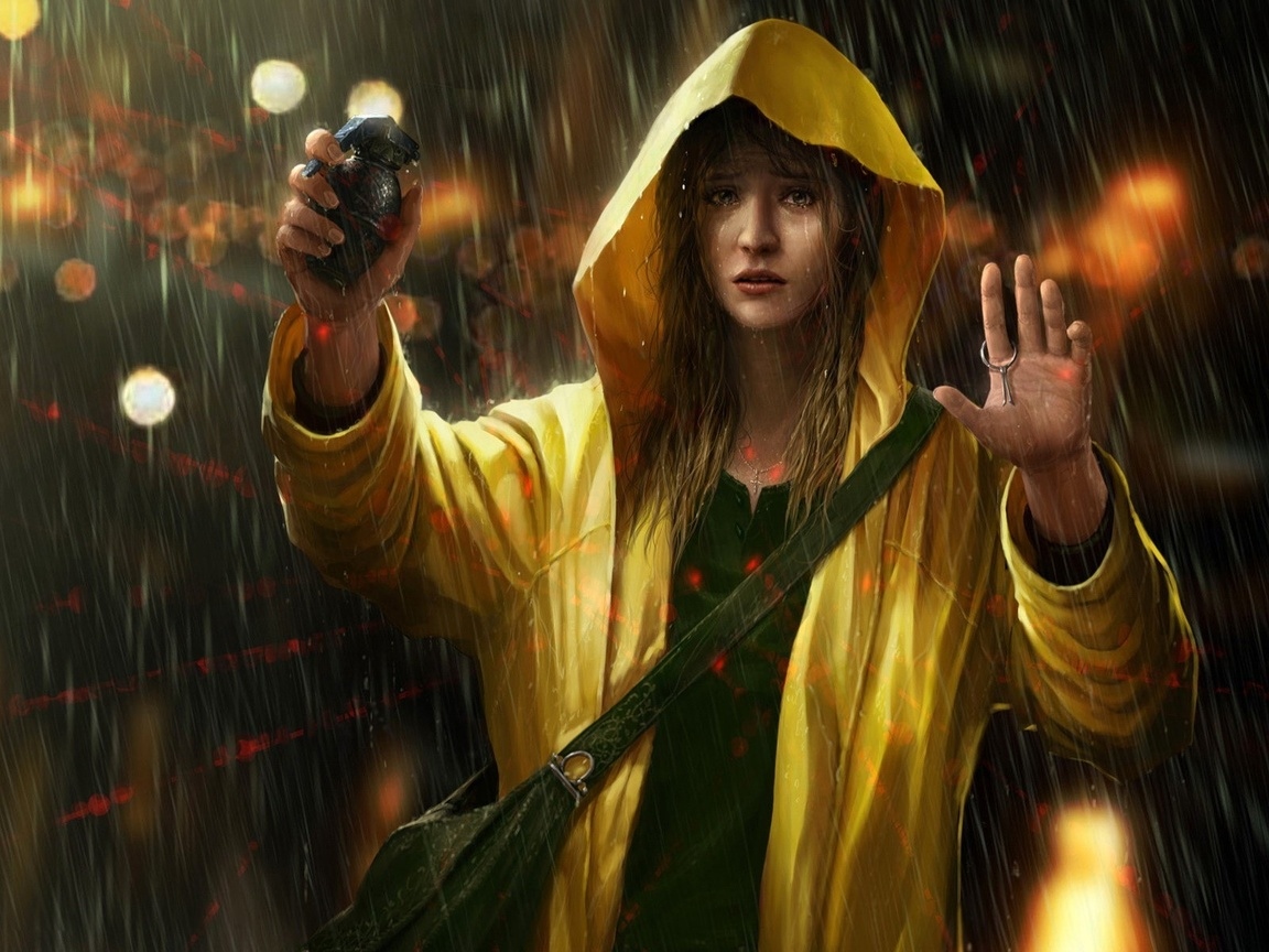 Фото Девушка в желтом плаще с капюшоном, находящаяся под дождем, со слезами на глазах, в отчаяние вырвала чеку из боевой гранаты, подвергая себя смертельной опасности