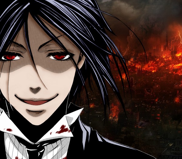 Фото Sebastian Michaelis / Себастьян Михаэлис из аниме Темный дворецкий / Dark Butler / Kuro Shitsuji улыбается, стоя на фоне горящего города