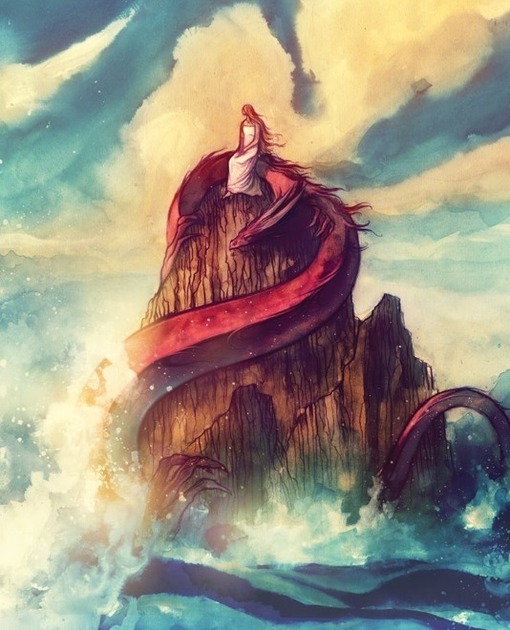 Фото Девушка сидит на скале в море, которую охраняет дракон