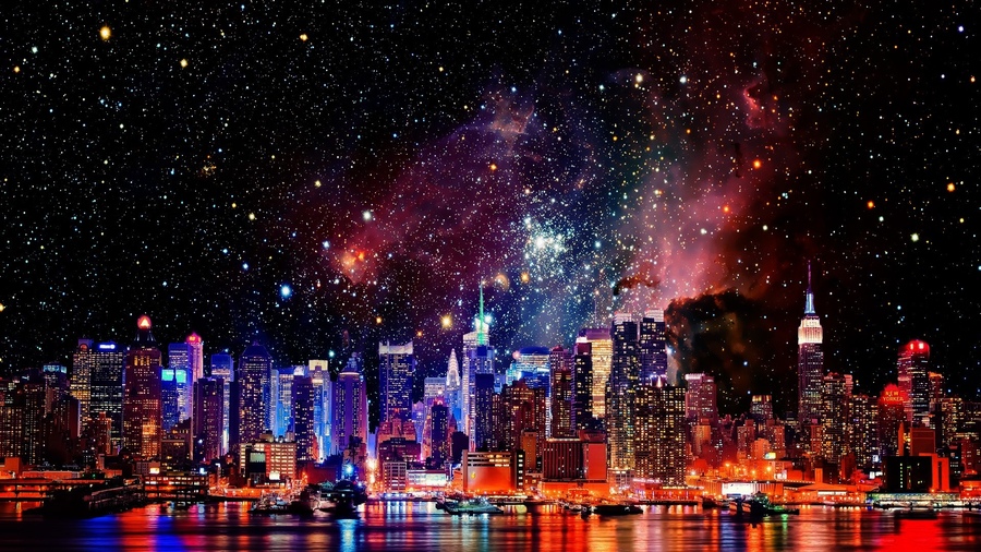 Фото Космос в небе над ночным Нью-Йорком, США / New York, USA