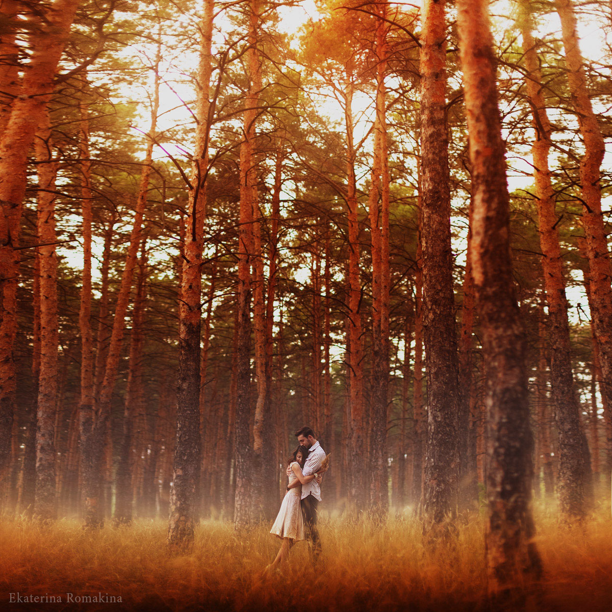 Фото Парень и девушка, обнявшись, стоят на опушке соснового леса, фотограф Екатерина Ромакина