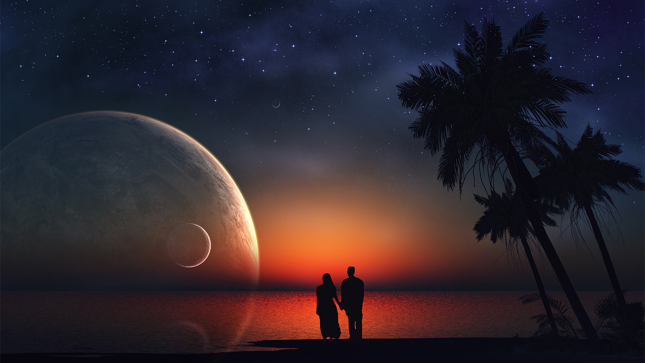 Фото Силуэты мужчины и женщины, стоящих на океанском побережье рядом с растущими пальмами, на фоне звездного ночного неба, багряного заката и взошедших над океаном планет