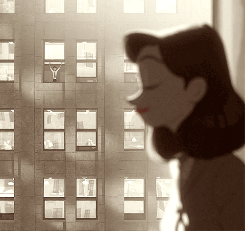 Фото Парень машет девушке из окна соседнего дома, кадр из мультфильма Бумажный роман / Paperman