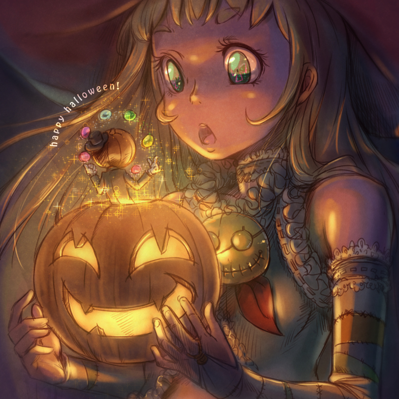 Фото Девушка удивленно смотрит на тыкву, из которой появился человечек, художник Nekomasu (happy halloween)