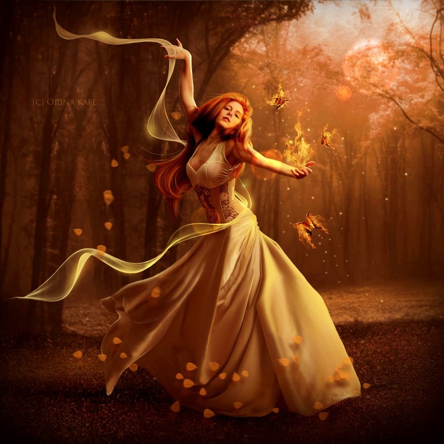 Фото Танцующая девушка, в руке которой горит огонь, возле которого летают огненные бабочки, by Orina Kafe