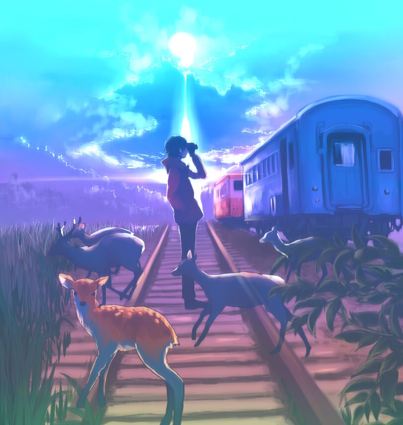 Фото Парень стоит на железной дороге по которой пробегают животные