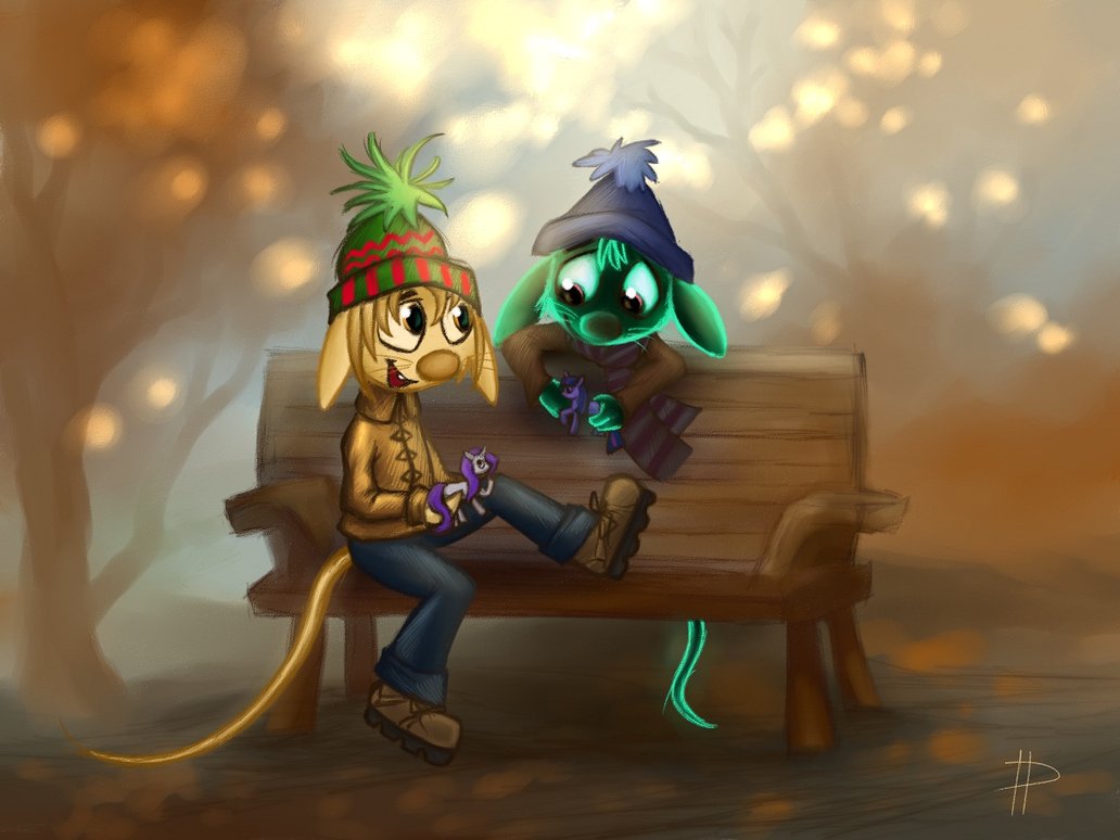 Фото Золотистый и зеленый мышата сидят на скамейке в шапках, держа в лапах лошадей