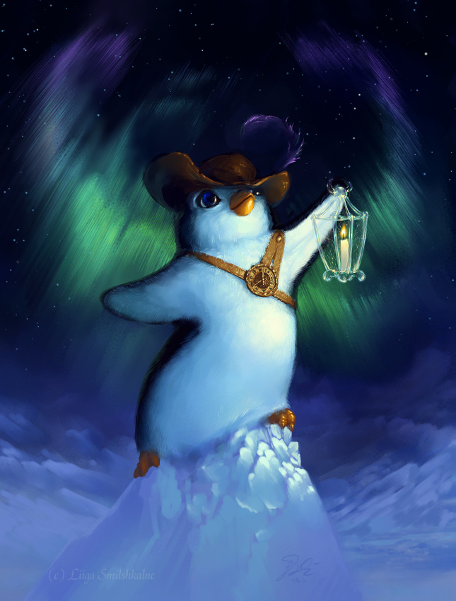Фото Пингвин в шляпе стоит на фоне северного сияния и держит лампу, художник Liiga Smilshkalne