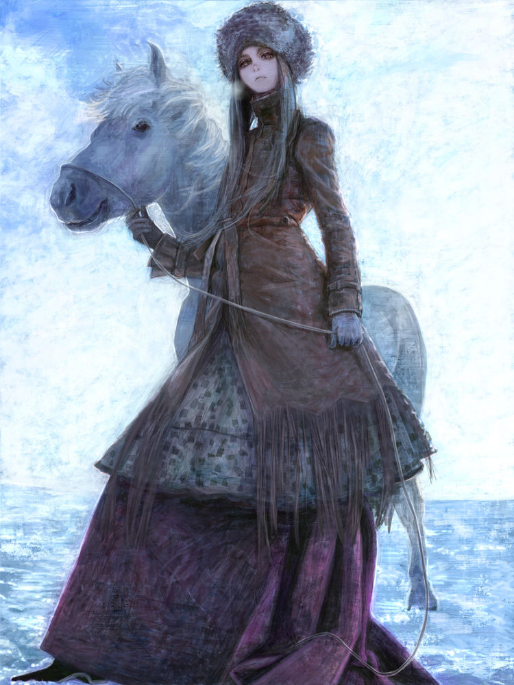 Фото Девушка в шапке и белая лошадь рядом с ней