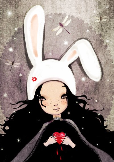 Фото Девочка с вьющимися черными волосами, в белой шапочке с кроличьими ушками, с красным сердечком в руках, с которого капает кровь, смотрит на летающих над ней стрекоз, art by Anne Cresci